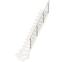 Treppe mit Edelstahlgeländer und Holzhandlauf.