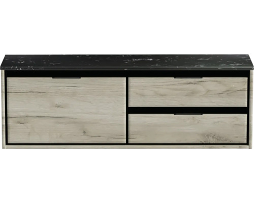 Waschbeckenunterschrank Sanox Loft 47x141x46 cm mit Waschtischplatte 3 Schubladen und Doppelauszug rechts craft oak/Kunststein schwarz Waschbeckenunterschrank Sanox Loft 47x141x46 cm mit Waschtischplatte 3 Schubladen und Doppelauszug rechts craft oak/Kunststein schwarz