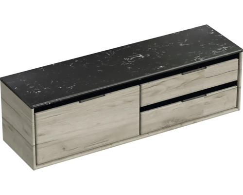 Waschtischunterschrank mit zwei Schubladen und dunkler Waschtischplatte