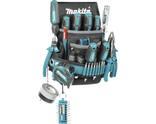 Makita Werkzeugtasche mit Werkzeugen wie Schraubendrehern, Zangen und einem Maßband