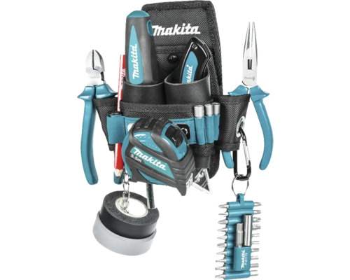Makita Werkzeuggürtel mit Werkzeugen wie Schraubendreher, Zange, Messband und Bit-Set