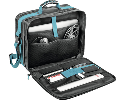 Geöffnete Werkzeugtasche mit Laptop, Maus, Kabeln, Visitenkarten und Stiften