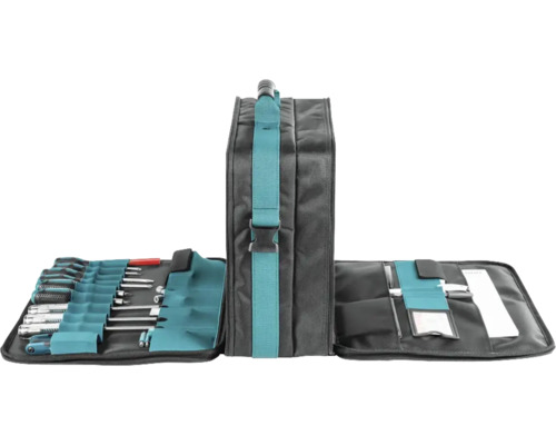 Geöffnete Werkzeugtasche mit Schraubenziehern und anderem Werkzeug