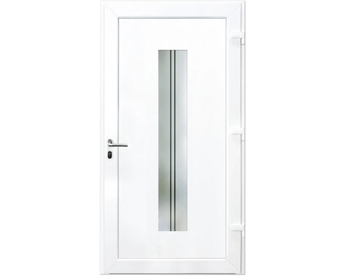 Weiße Haustür mit Glaseinsatz und geraden Linien