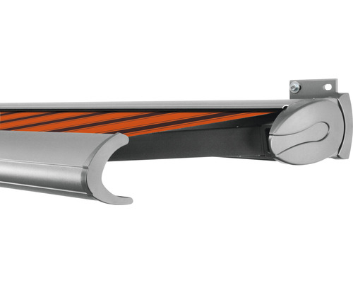 SOLUNA Kassettenmarkise Exclusiv 3x1,5 Stoff Dessin 744 Gestell E6EV1 silber eloxiert Antrieb rechts inkl. Motor und Wandschalter