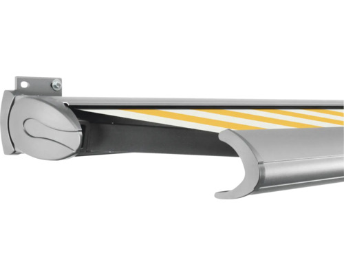 SOLUNA Kassettenmarkise Exclusiv 4x3 Stoff Dessin S2015 Gestell E6EV1 silber eloxiert Antrieb links inkl. Motor und Wandschalter