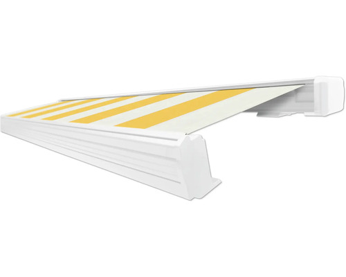 SOLUNA Kassettenmarkise Exquisit 6x3,5 Dessin S2015 Gestell RAL 9010 reinweiß Antrieb rechts inkl. Motor und Wandschalter