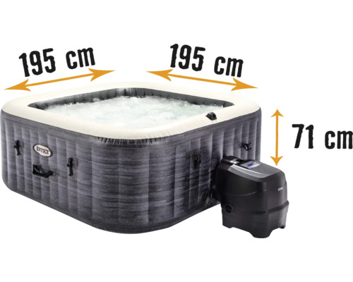 Aufblasbarer Whirlpool Intex Pure Spa Greystone Deluxe Square mit integrierte QuickFill™ Inflation System, Salzwasser- und Kalkschutzsystem, 170 Sprudeldüsen, Premium-Kopfstützen und LED-Beleuchtung grau