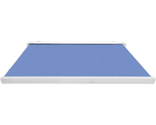 Blauer Sonnenschutzrollo mit weißer Kassette