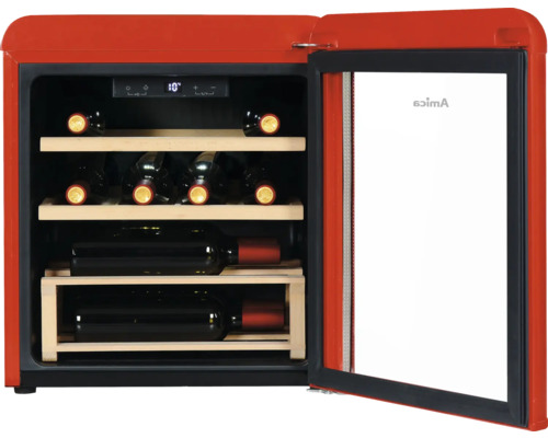 Weinlagerschrank mit Glasfront, Holzregalen und digitaler Temperaturanzeige