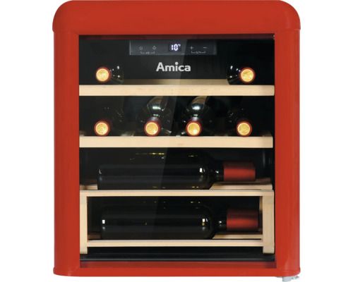 Rotweinkühlschrank mit Holzregalen und mehreren Weinflaschen