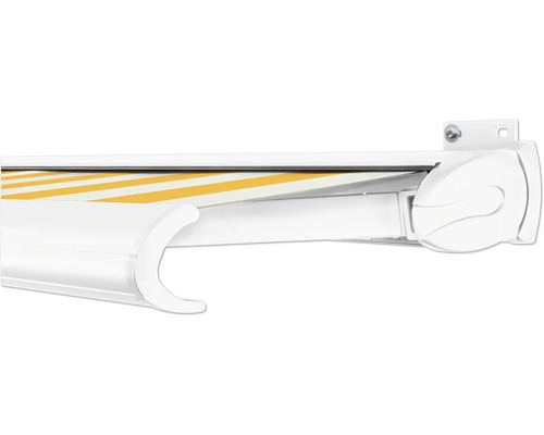 SOLUNA Kassettenmarkise Exclusiv 3,5x3 Dessin S2015 Gestell RAL 9010 reinweiß Antrieb rechts inkl. Motor und Wandschalter