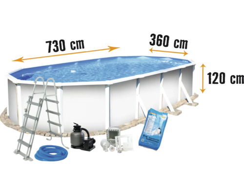 Aufstellpool Stahlwandpool-Set Planet Pool Vision-Pool Classic oval 730x360x120 cm inkl. Sandfilteranlage, Leiter, Einbauskimmer,Filtersand & Anschlussschlauch weiß