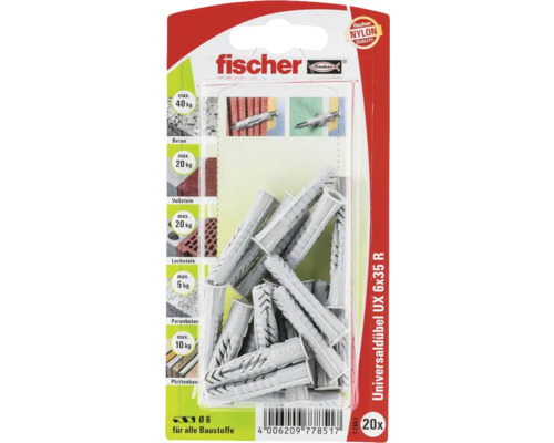 Fischer Universaldübel UX 6x35 R, 20 Stück, für alle Baustoffe
