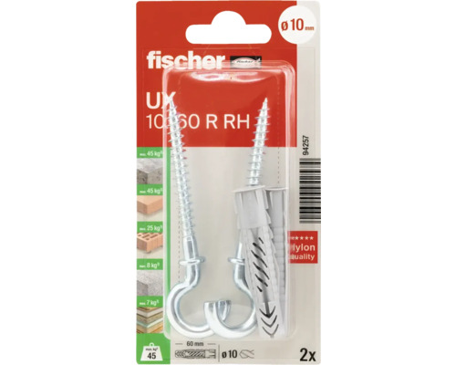 Fischer Universaldübel UX mit Haken, 10 Millimeter Durchmesser, geeignet für verschiedene Baustoffe