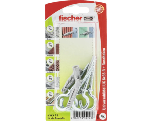 Fischer Universaldübel UX 6x35 mit Rundhaken, 4er-Pack
