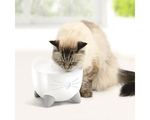 Trinkbrunnen catit Pixi Fountain Trinkbrunnen weiß 2,5 l, Katzenbrunnen Netzbetrieb Eine Katze trinkt aus einem Katzenbrunnen in Katzendesign.