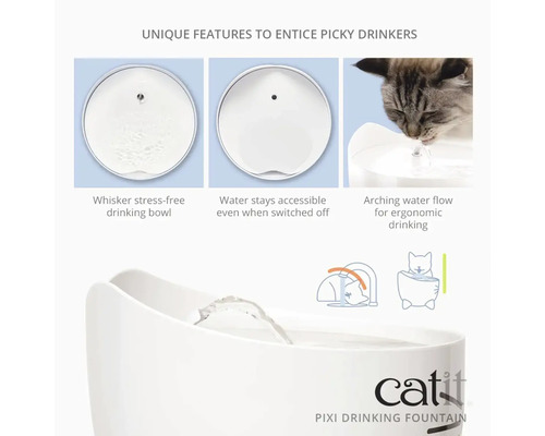 Catit Pixi Trinkbrunnen mit Merkmalen für wählerische Trinker, inklusive stressfreier Trinkschale