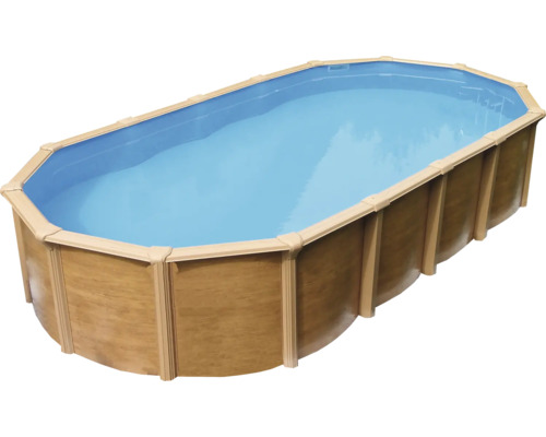 Aufstellpool Stahlwandpool-Set Steely Supreme Wood oval 730x360x132 cm inkl. Sandfilteranlage, Skimmer, Leiter, Filtersand, Bodenschutzvlies & Anschlussschlauch Holzoptik