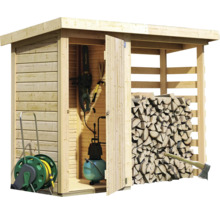 Holzschuppen mit Holzlager, Gartengeräten, Schlauchwagen und Axt