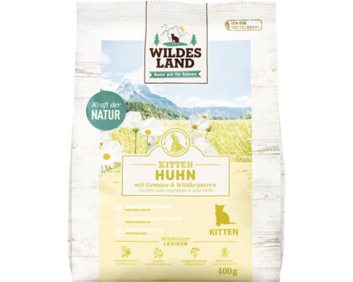 Katzenfutter trocken WILDES LAND Huhn Kitten mit Gemüse und Wildkräutern mit wertvollen Superfoods, getreidefrei, glutenfrei 400 g