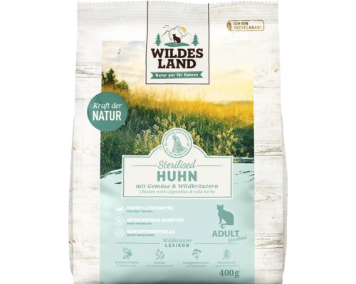 Katzenfutter trocken WILDES LAND Huhn Sterilised mit Gemüse und Wildkräutern mit wertvollen Superfoods, getreidefrei, glutenfrei 400 g