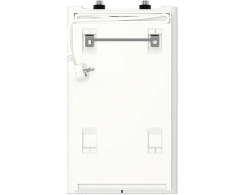 Rückansicht eines weißen Warmwasserbereiters mit Stromkabel und Aufhängung