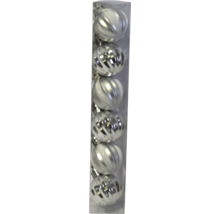 Verpackung mit sechs silberfarbenen Christbaumkugeln mit Spiralmuster