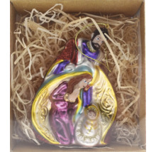 Weihnachtliche Christbaumkugel mit Heiliger Familie in einer Verpackung