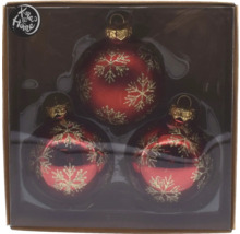 Verpackung mit drei roten Weihnachtskugeln mit Schneeflockenmuster