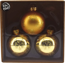 Drei Christbaumkugeln mit Dekor im Karton