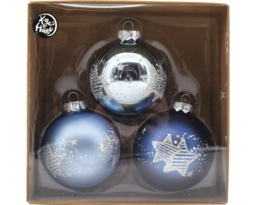 Christbaumkugeln Glas Ø 7 cm 3-teilig dekoriert blau