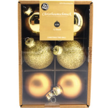 Christbaumschmuck Set mit zwölf goldenen Weihnachtskugeln aus Glas mit sechs Zentimeter Durchmesser