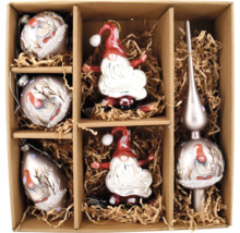 Weihnachtsbaumschmuckset mit Figuren und Baumspitze in einer Kartonverpackung