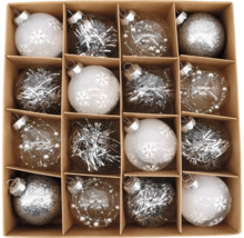 Sortierte Weihnachtskugeln aus Glas, 16er Set in Kartonverpackung.