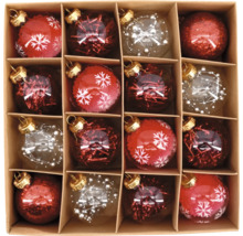 Set mit sechzehn Christbaumkugeln aus Glas in einer Pappschachtel