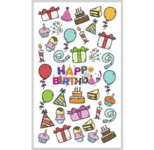 Illustration mit Geburtstagsmotiven wie Kuchen, Geschenken und Luftballons