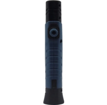 Detailansicht einer blauen Lötlampe mit schwarzem Griff und Drehknopf
