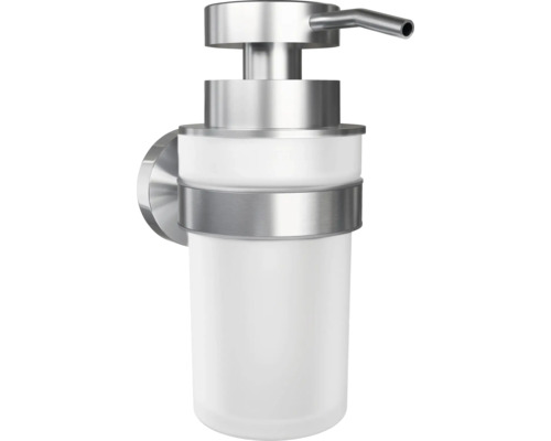 Wandmontierter Seifenspender aus Edelstahl und Glas