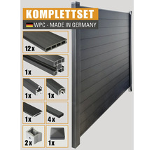 Komplettset WPC Sichtschutzzaun aus Deutschland mit zwölf WPC-Profilen, einem Aluminiumprofil, zwei Winkelprofilen, einer Abdeckung, einem Abschlussprofil, vier Leisten, zwei Pfostenfüßen und einer Pfostenkappe