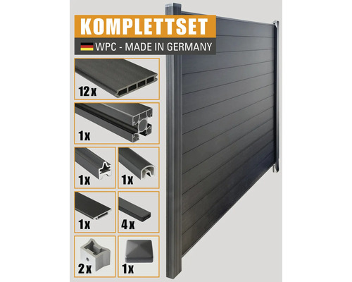 Komplettset WPC Sichtschutzzaun aus Deutschland mit zwölf WPC-Profilen, einem Aluminiumprofil, zwei Winkelprofilen, einer Abdeckung, einem Abschlussprofil, vier Leisten, zwei Pfostenfüßen und einer Pfostenkappe