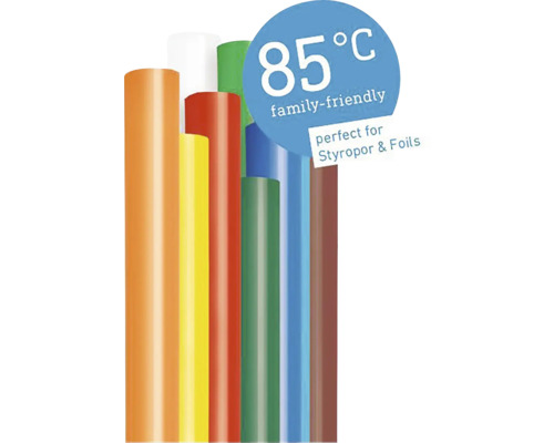Klebesticks Steinel Ø 7 x150 mm Color 85°C, 16 Stk. Verschiedenfarbige Klebestifte mit dem Hinweis 85 Grad Celsius, familienfreundlich, perfekt für Styropor und Folien