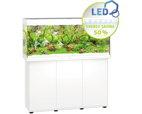Weißes Aquarium mit Unterschrank, LED-Beleuchtung und 50 Prozent Energieeinsparung