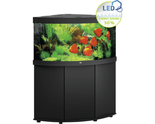 Eckaquarium mit Unterschrank, bepflanzt und mit Fischen, mit LED Energiesparhinweis