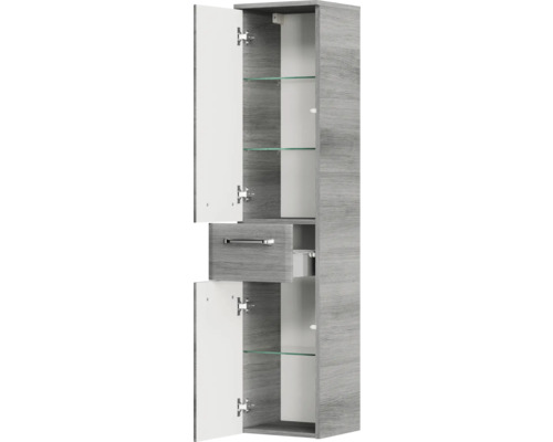 Hochschrank mit offenen Türen, Schublade und Glasböden für das Badezimmer