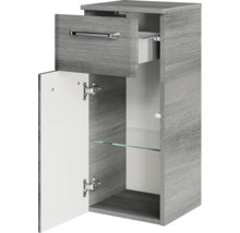 Badezimmerschrank mit Schublade, offener Tür und Glasregal
