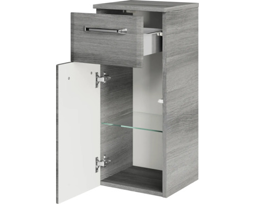 Badezimmerschrank mit Schublade, offener Tür und Glasregal
