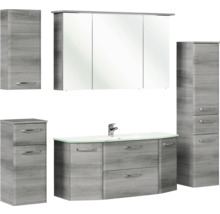 Badezimmermöbelset mit Waschtischunterschrank, Waschbecken, Spiegelschrank und Hochschränken