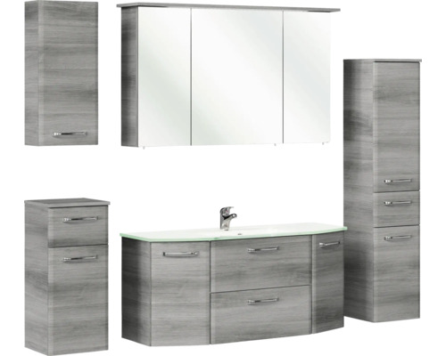 Badezimmermöbelset mit Waschtischunterschrank, Waschbecken, Spiegelschrank und Hochschränken