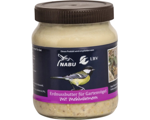 Erdnussbutter für Gartenvögel mit Mehlwürmern im Glas